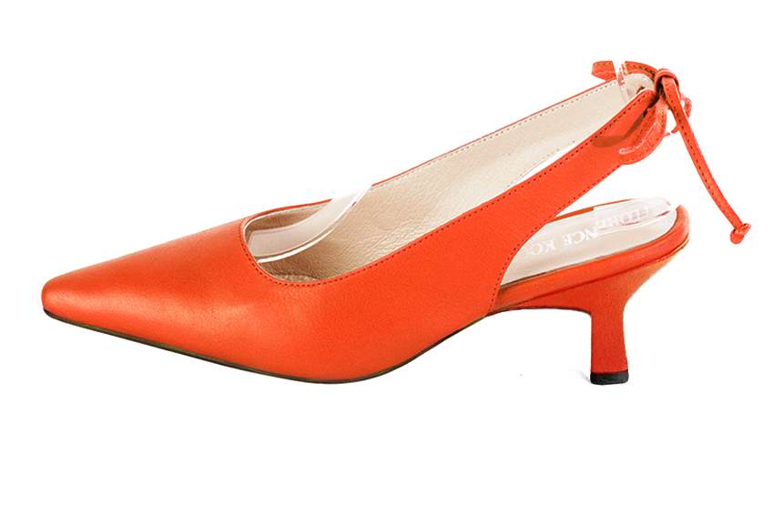 French elegance and refinement for these clementine orange dress slingback shoes, 
                available in many subtle leather and colour combinations. This beautiful enveloping pump will fit your foot without binding it
Its rear lacing will allow you to adjust it to your liking.
To be declined according to your choice of materials and colors.  
                Matching clutches for parties, ceremonies and weddings.   
                You can customize these shoes to perfectly match your tastes or needs, and have a unique model.  
                Choice of leathers, colours, knots and heels. 
                Wide range of materials and shades carefully chosen.  
                Rich collection of flat, low, mid and high heels.  
                Small and large shoe sizes - Florence KOOIJMAN